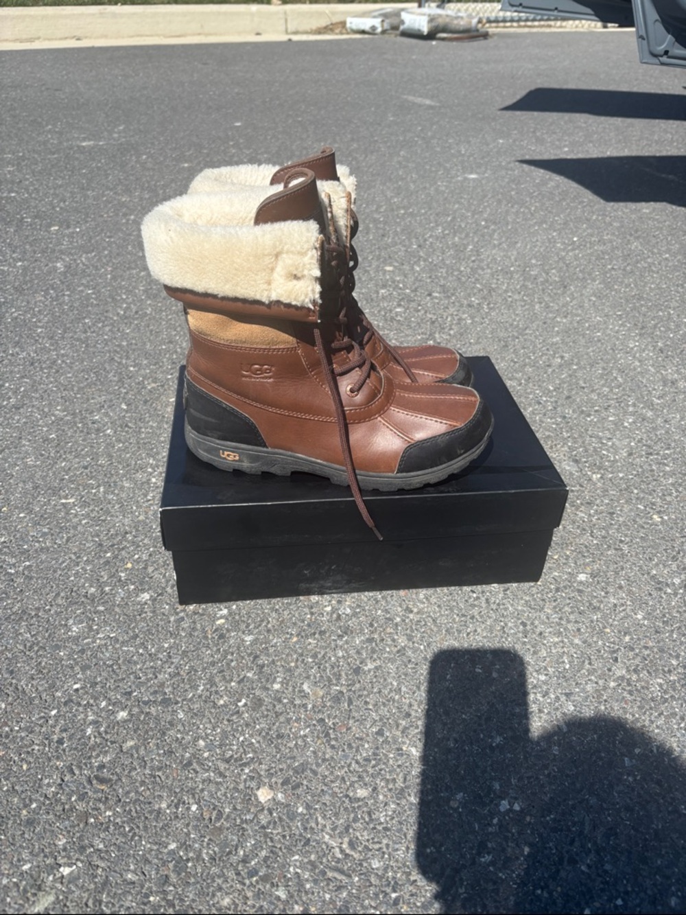 UGG Brown Leather Lace-Up Boots with Cream Shearling Cuff